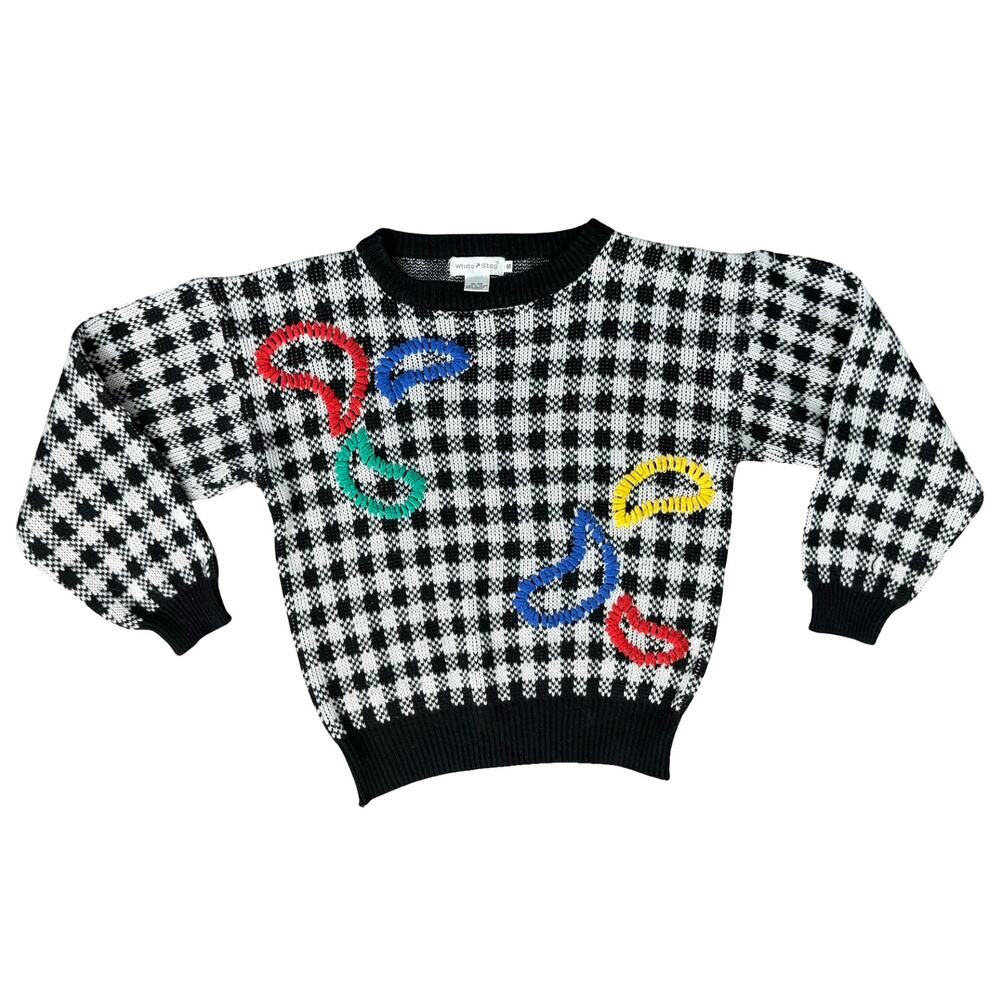 Vintage Black White Check Wide Stitch Rainbow Detail Crew Neck Sweater size S - Picture 3 of 11